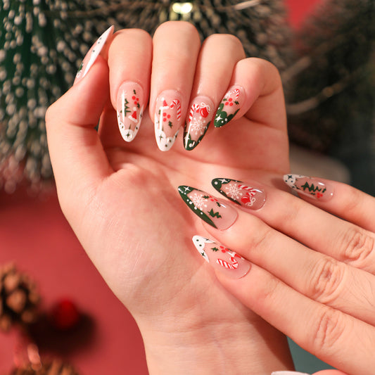 Christmas Style French White And Green Contrast Color Wear Nail Polish