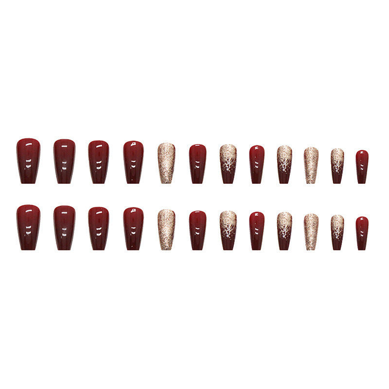 Gold Powder Wine Red Bridal Manicure Mid-length Wear Nail