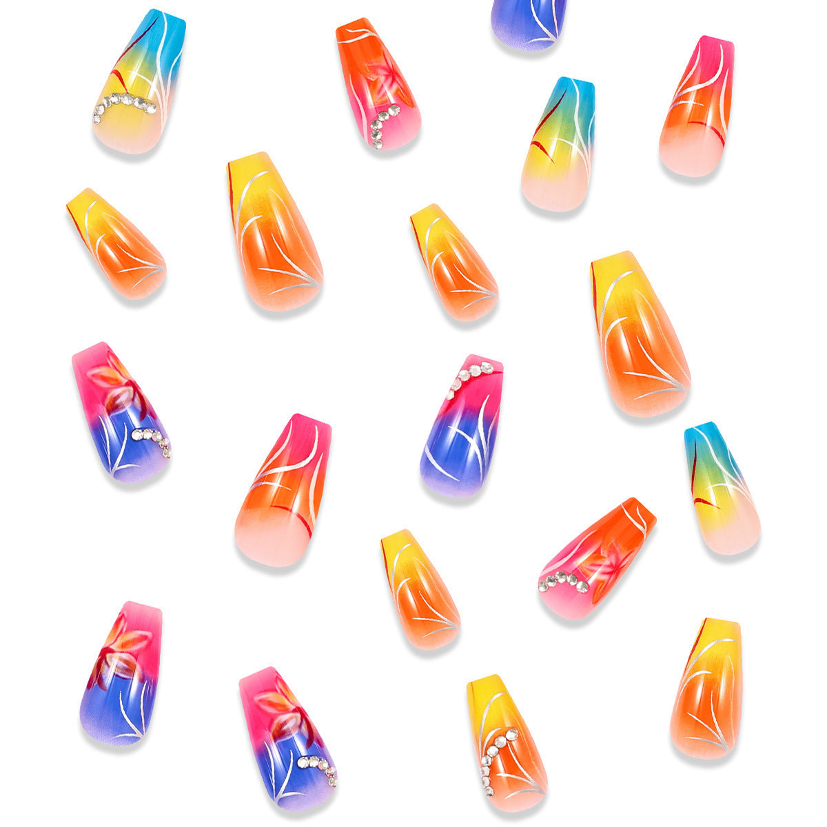 Color Gradient Flower Rhinestone Fake Nails