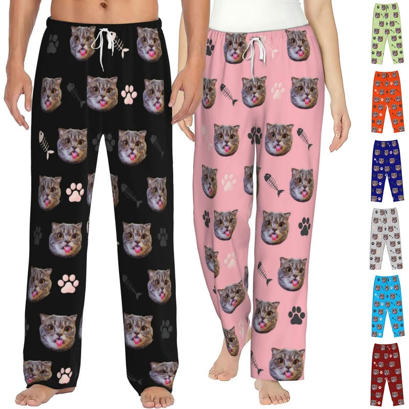 Custom Pet Face Pajamas Pants for Couples Personalized Pj Bottoms with Cat Dog Photo Customized for Women Men Christmas Valentine's Day Gifts