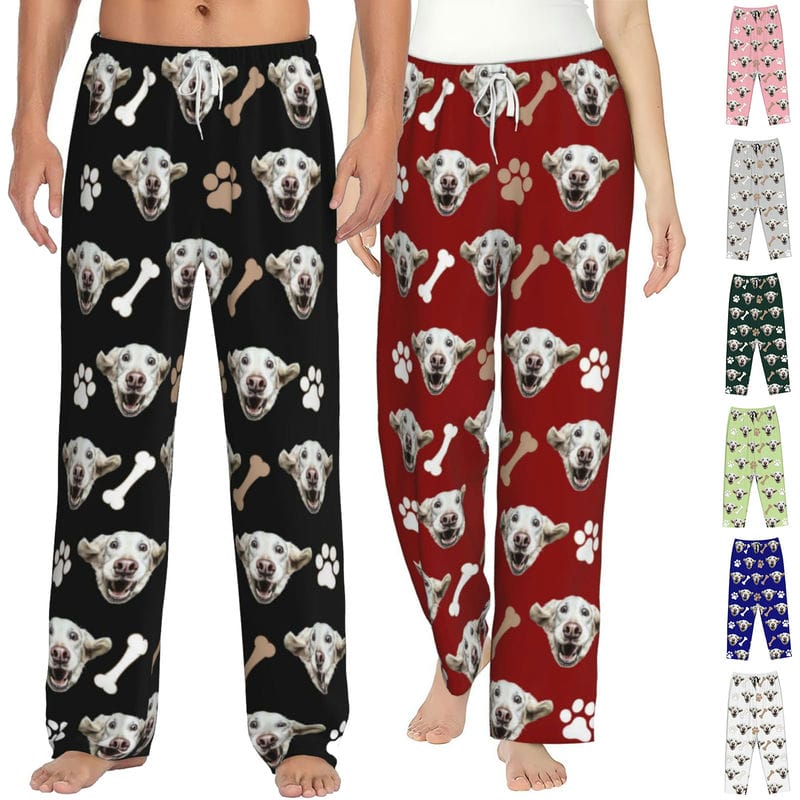 Custom Pet Face Pajamas Pants for Couples Personalized Pj Bottoms with Cat Dog Photo Customized for Women Men Christmas Valentine's Day Gifts