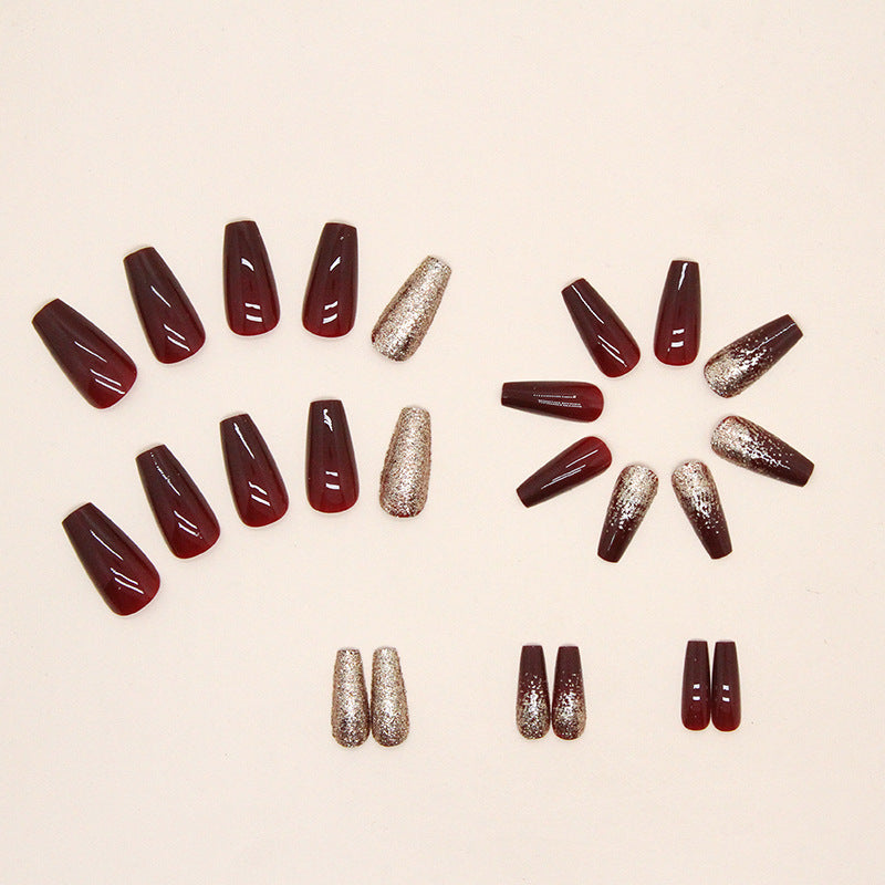 Gold Powder Wine Red Bridal Manicure Mid-length Wear Nail