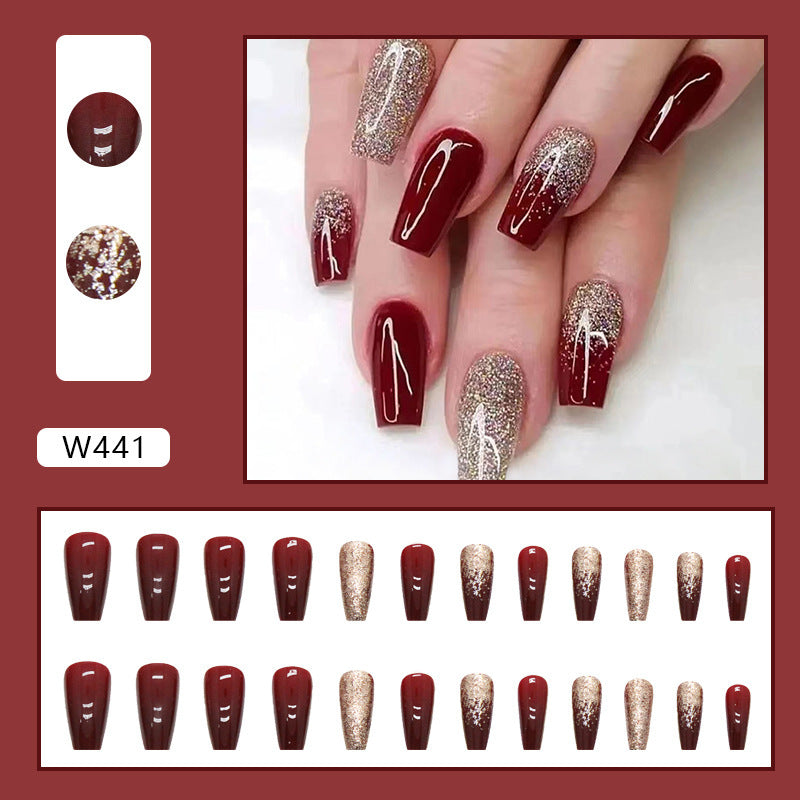 Gold Powder Wine Red Bridal Manicure Mid-length Wear Nail