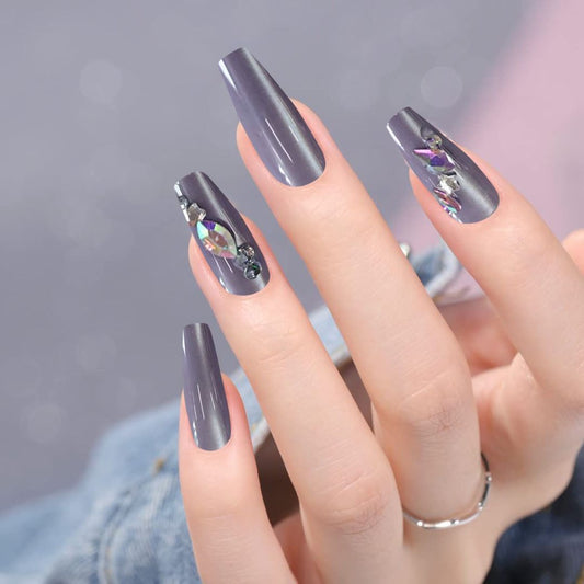 Diamond-set Nails Brownish-gray, Handmade Press on Nails, Coffin Press on Nails, Using High Hardness Nails Press Ons, Reusable False Nails Gift for Women