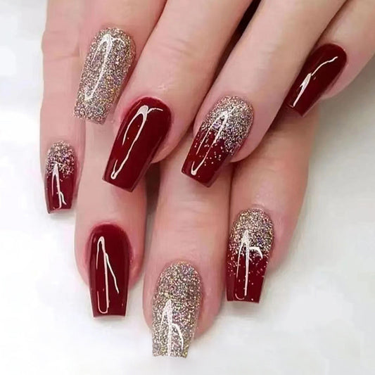 Gold Powder Wine Red Bridal Manicure Mid-length Wear Nail