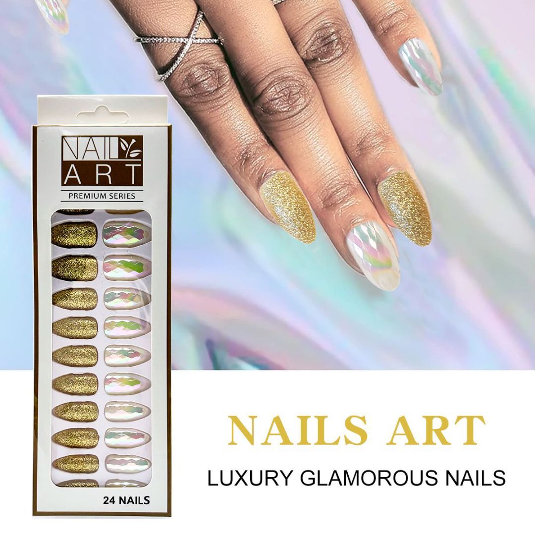 L-3 Sequins Gold Powder Nail 24 Pieces, Handmade Press on Nails, Coffin Press on Nails, Using High Hardness Nails Press Ons, Reusable False Nails Gift for Women