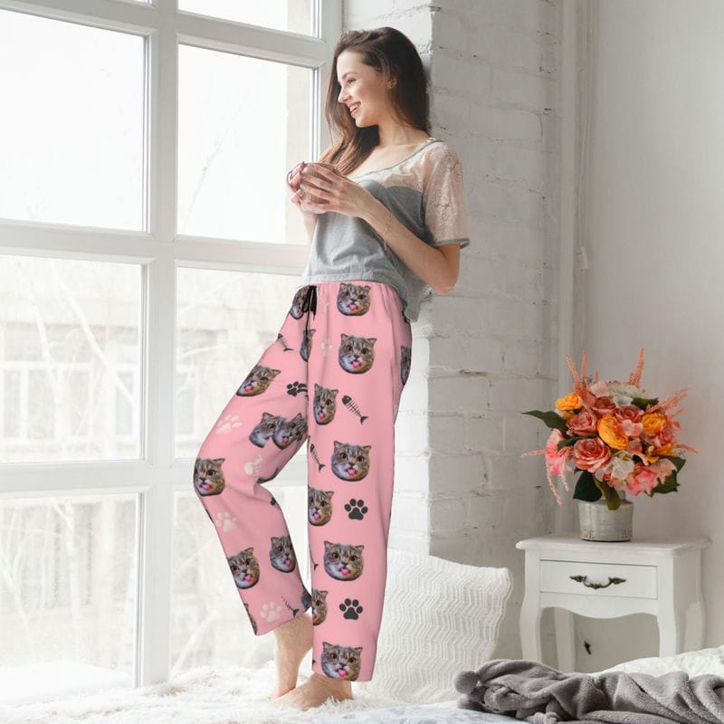 Custom Pet Face Pajamas Pants for Couples Personalized Pj Bottoms with Cat Dog Photo Customized for Women Men Christmas Valentine's Day Gifts