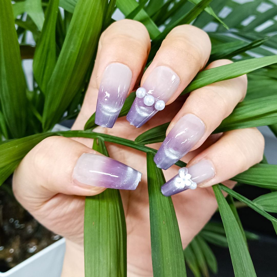 Eggplant Color Set With Pearl Diamond Nails, Handmade Press on Nails, Coffin Press on Nails, Using High Hardness Nails Press Ons, Reusable False Nails Gift for Women