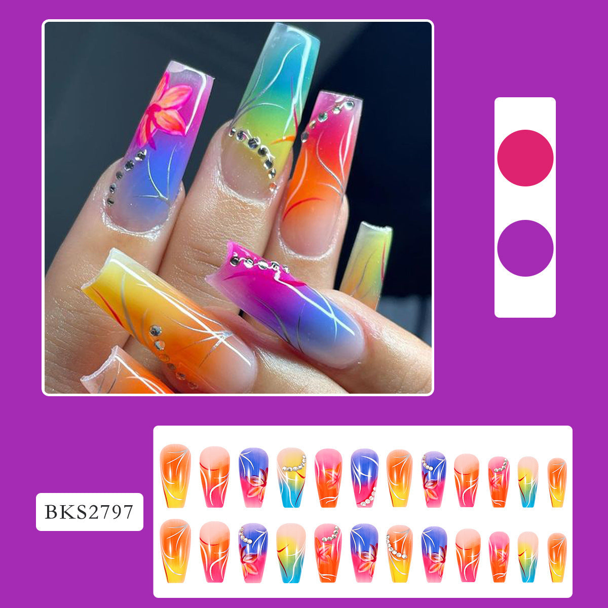 Color Gradient Flower Rhinestone Fake Nails