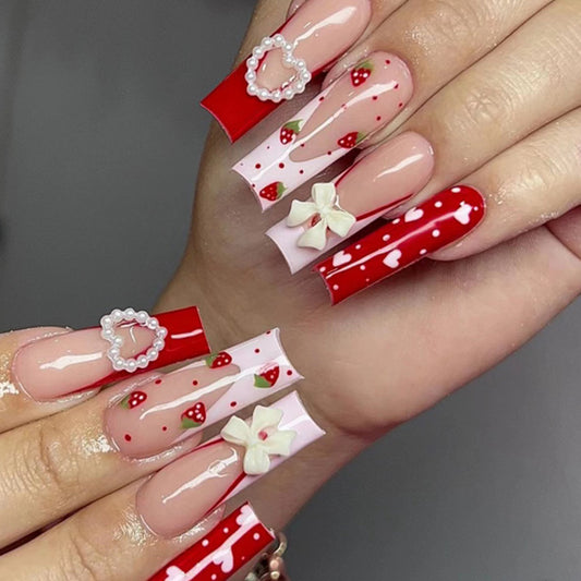 Sweet Hot Girl Long Heart Bowknot Strawberry Painting Nail Sticker