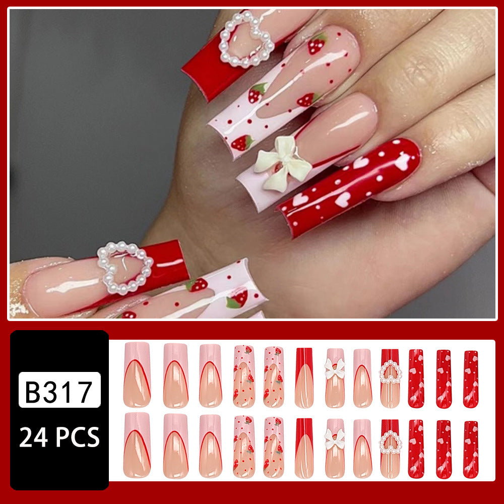 Sweet Hot Girl Long Heart Bowknot Strawberry Painting Nail Sticker