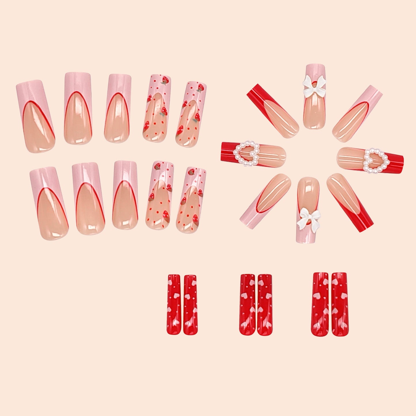 Sweet Hot Girl Long Heart Bowknot Strawberry Painting Nail Sticker