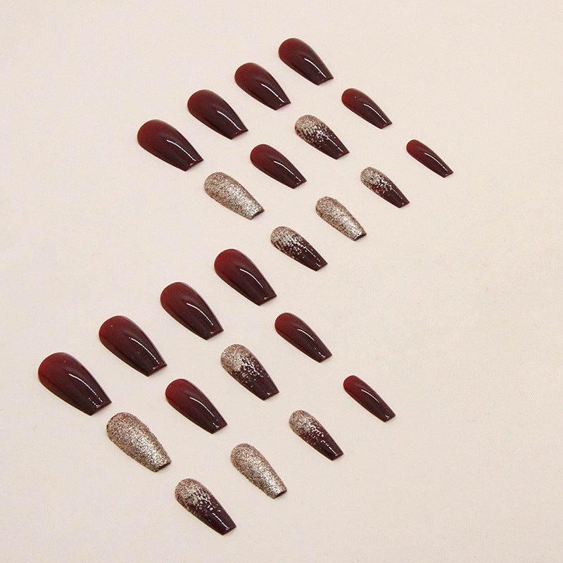 Gold Powder Wine Red Bridal Manicure Mid-length Wear Nail